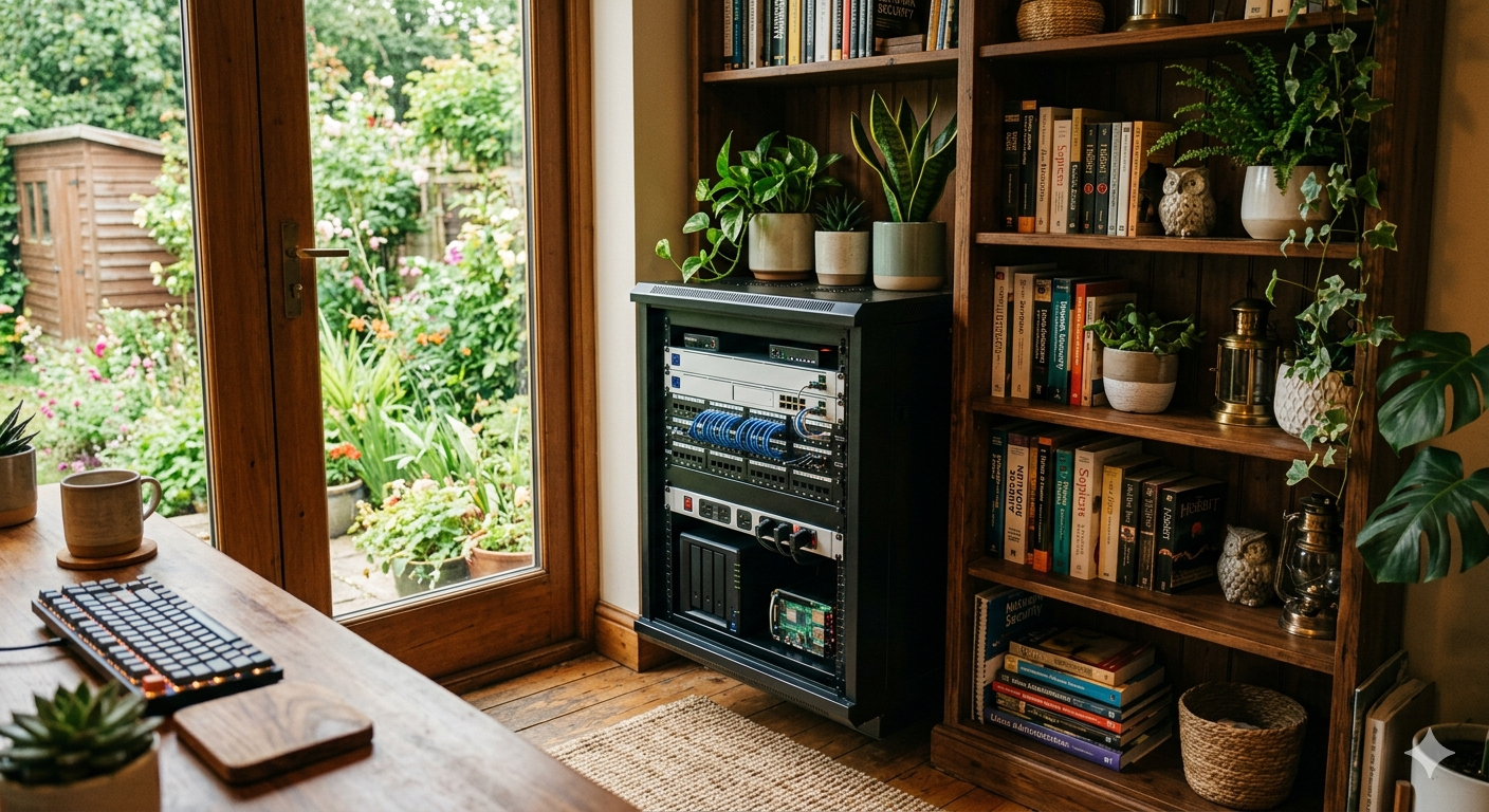 A cozy home server rack tucked among house plants and books, warm ambient light, garden visible through the window