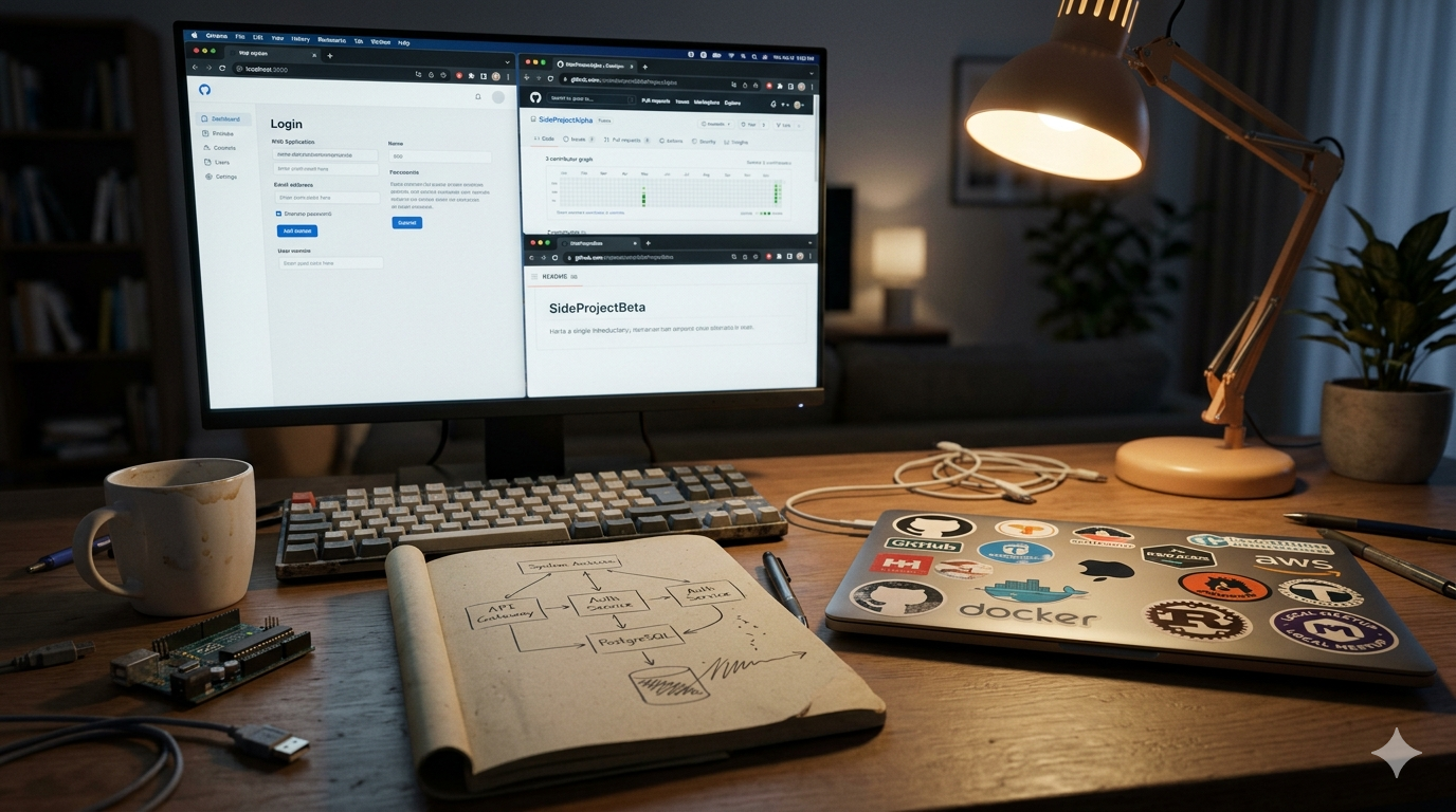 A developer's desk at night — monitor glowing with unfinished projects, notebook with a trailing architecture diagram, warm lamp light