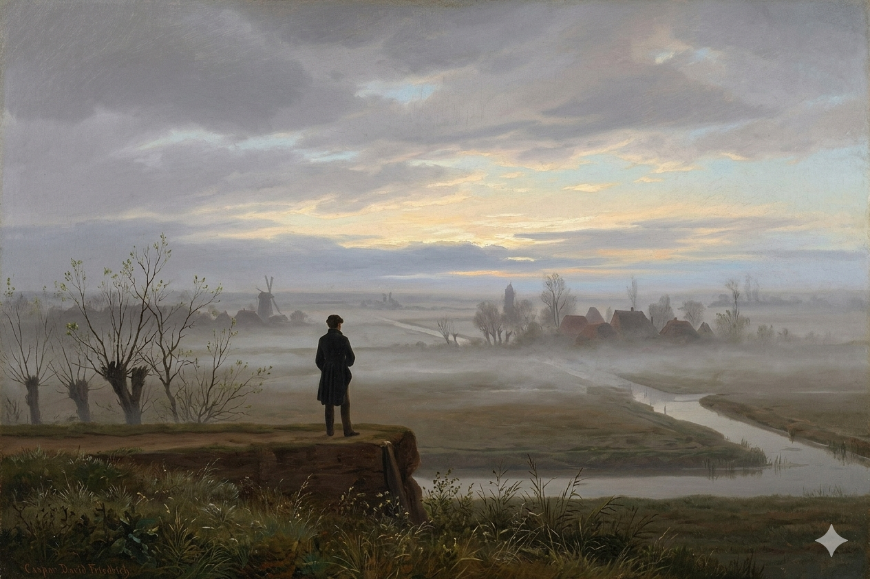 A solitary figure seen from behind, standing at the edge of a misty Dutch landscape at dawn, fog rolling across flat terrain — inspired by Caspar David Friedrich but set in the lowlands