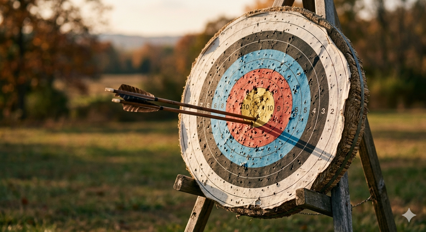 An arrow embedded in a target board just millimetres from the bullseye, soft afternoon light casting a long shadow across the surface