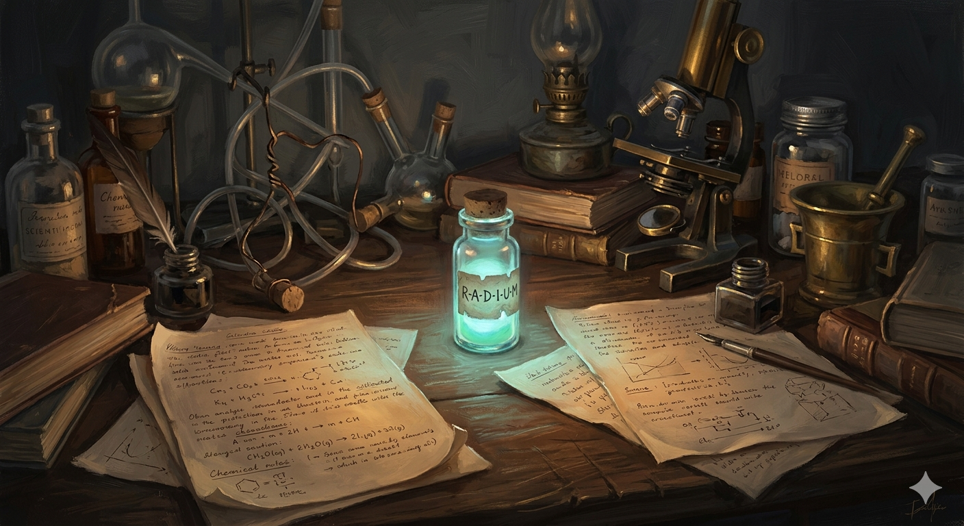 A glowing phosphorescent element fading in a dark laboratory, the light splitting into softer colours as it decays