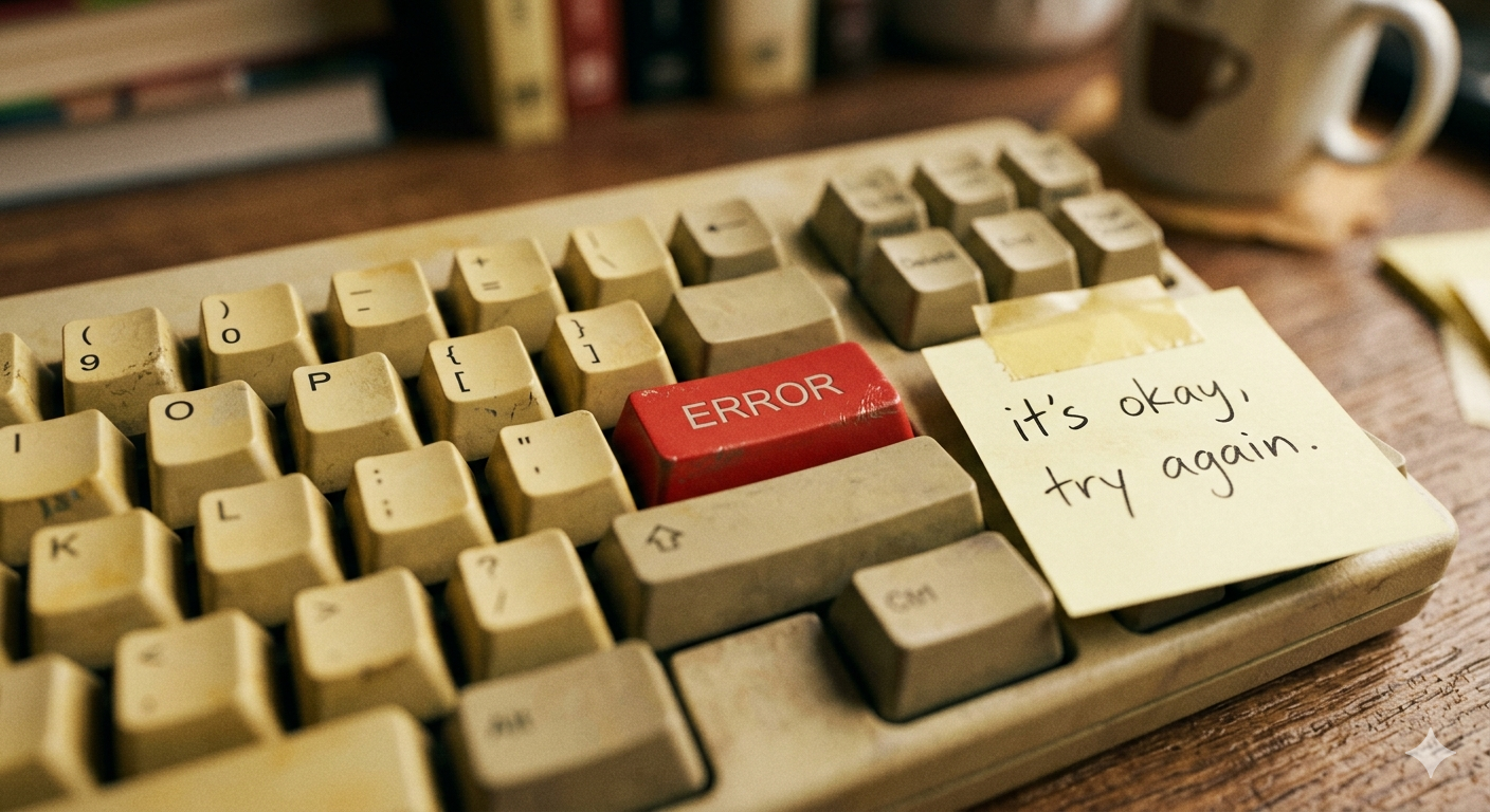 An old mechanical keyboard with a red ERROR key, softened by a small handwritten sticky note reading 'it's okay, try again'