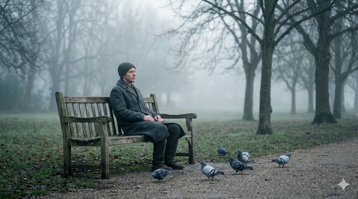 A person sitting alone on a bench in a misty park, doing nothing