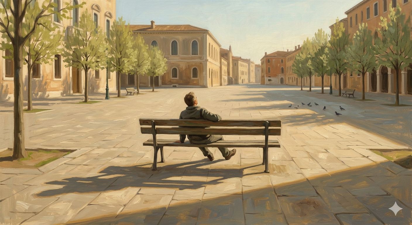 A person sitting on a park bench in afternoon light, staring at nothing in particular, surrounded by spring greenery and open space