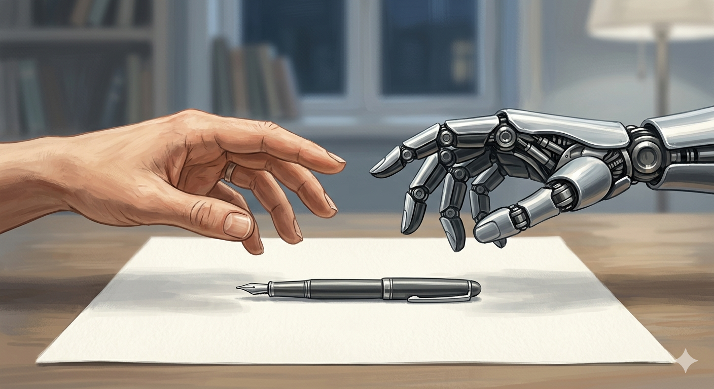 Two hands — one human, one mechanical — reaching for the same pen on a blank page