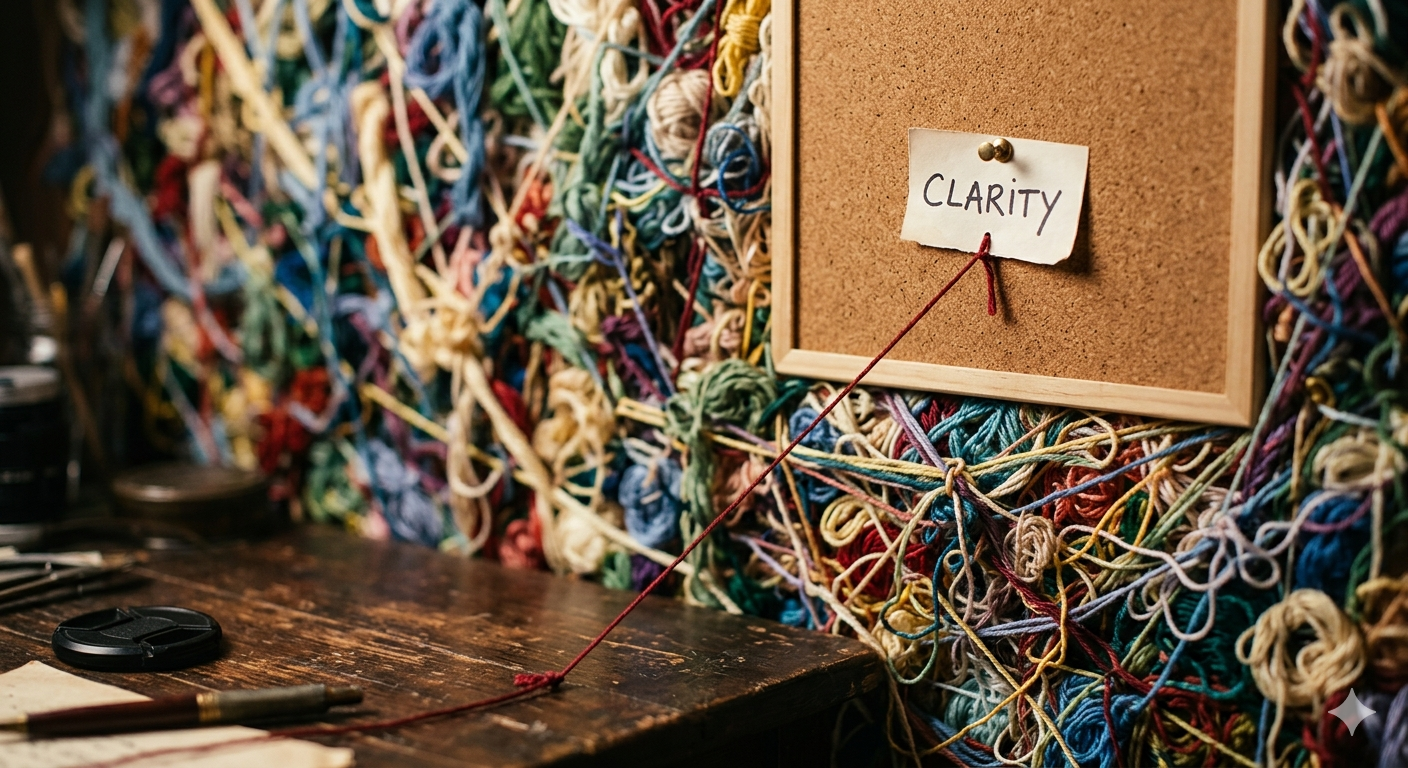 A wall of tangled colored threads with one single thread pulled taut, ending in a clean handwritten label