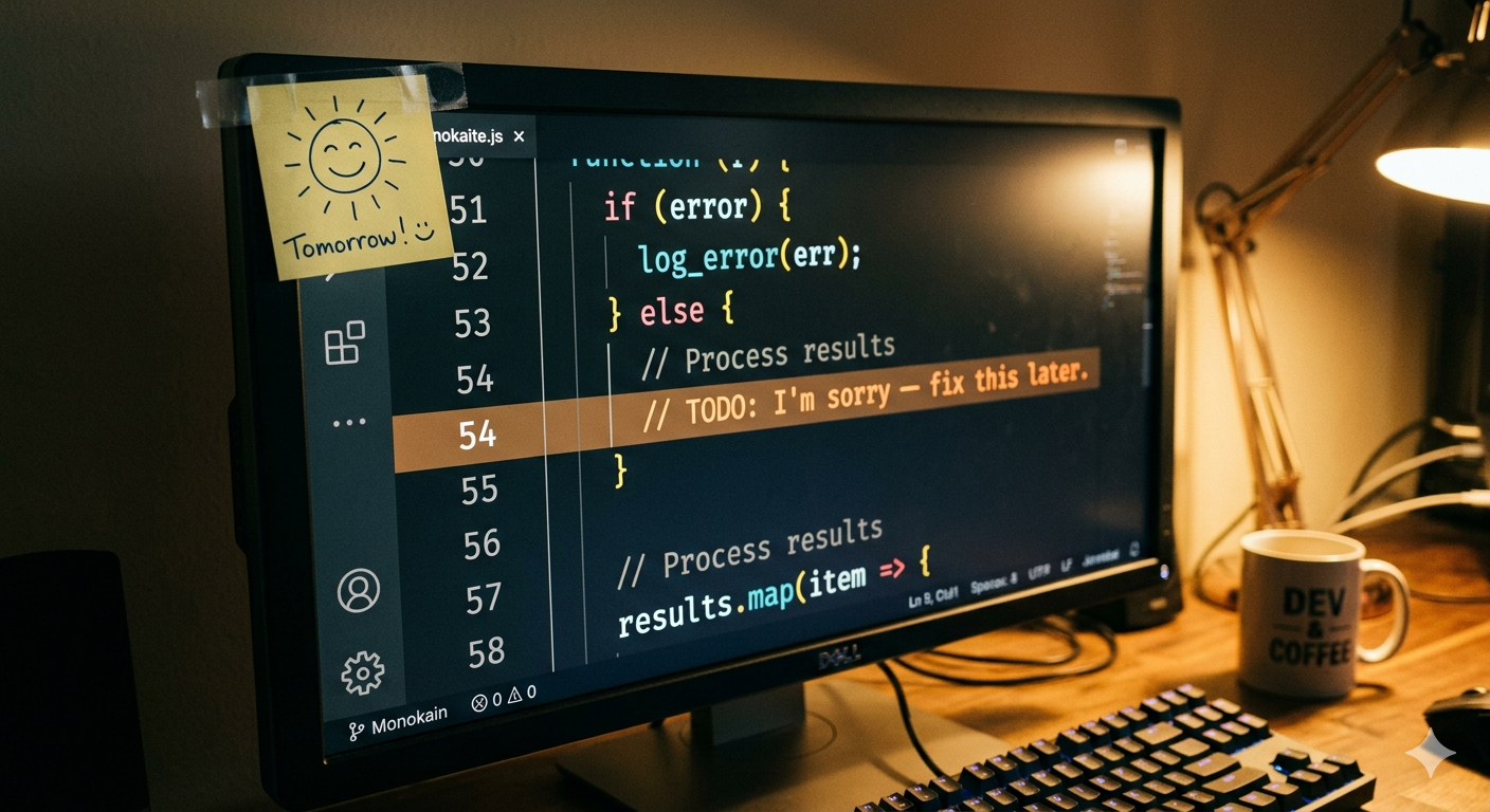 A long corridor of server racks stretching into fog, with warm amber lights fading into cold grey mist