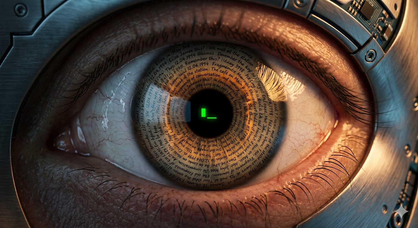 A human eye in extreme close-up, its iris made of concentric rings of handwritten text, with a blinking cursor reflected in the pupil