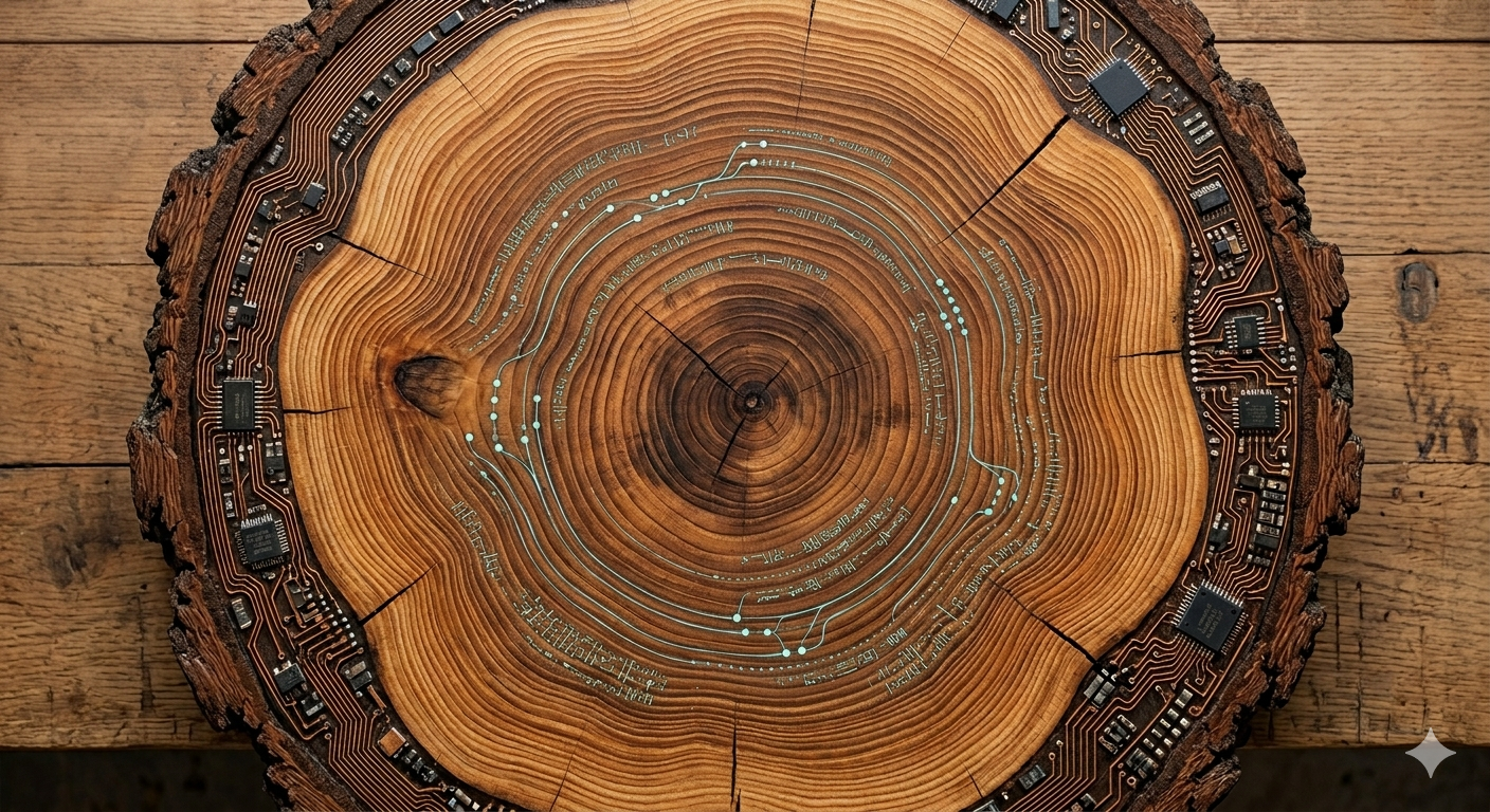 Cross-section of a tree trunk with growth rings subtly interwoven with git branch diagrams and lines of code