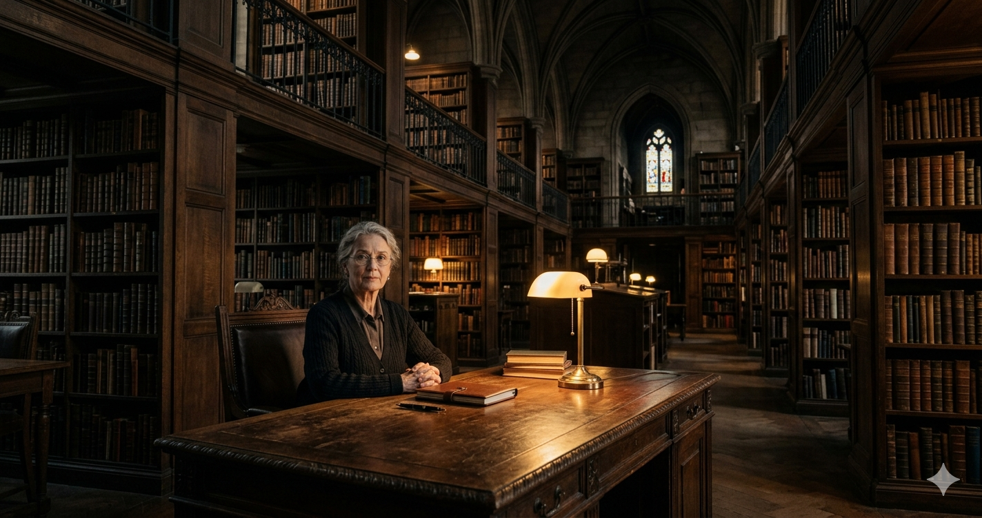 A librarian sitting quietly at a grand wooden desk in a vast, dimly lit library with gothic arched ceilings