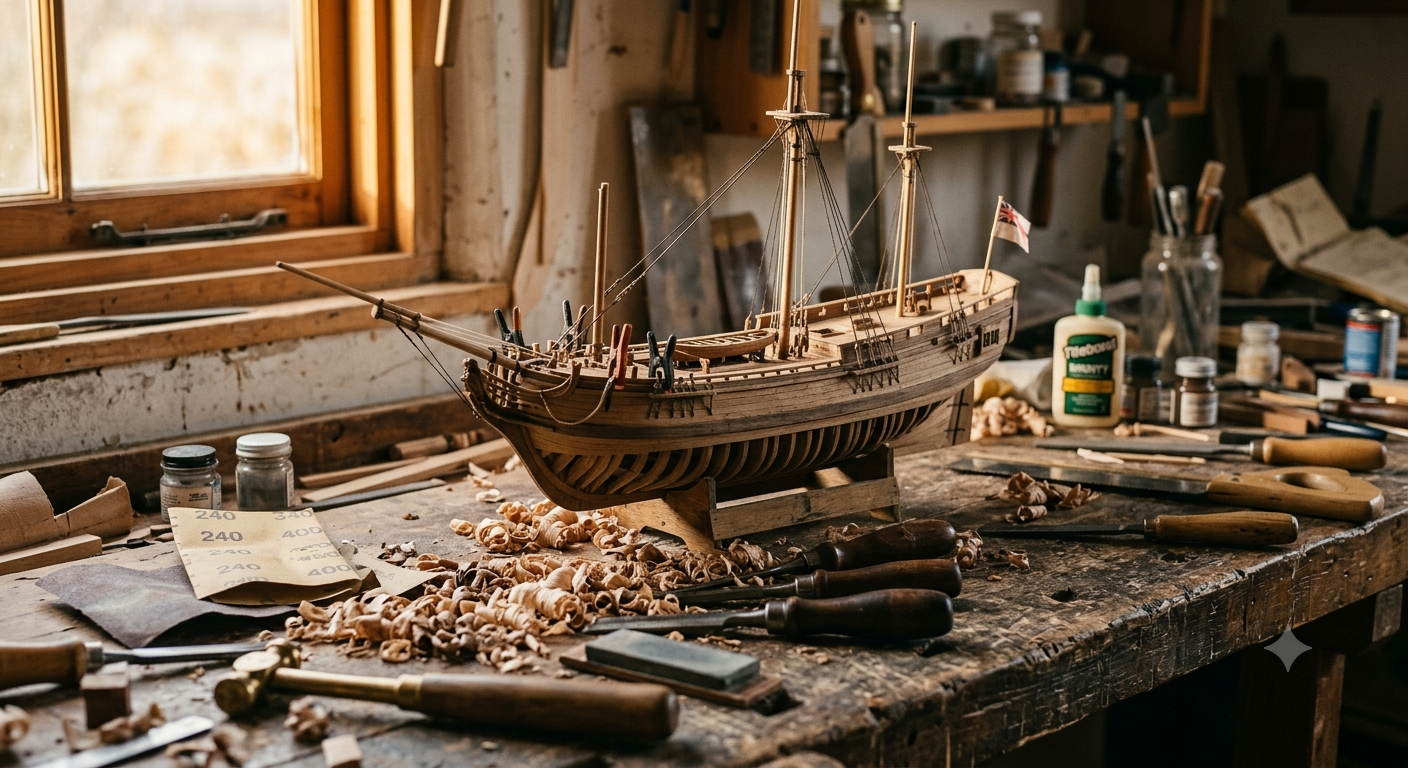 A half-finished model ship on a cluttered workbench, wood shavings catching late afternoon light from a single window